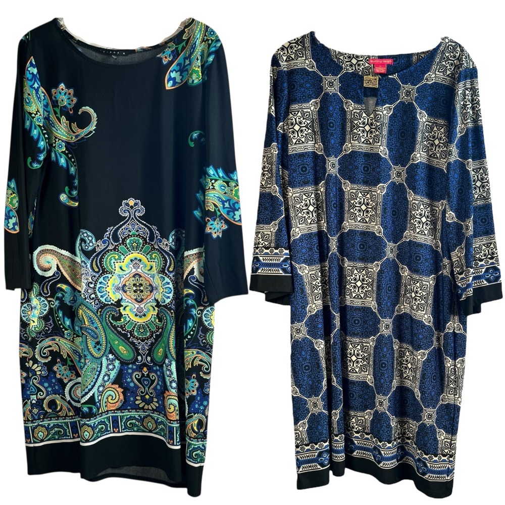 Lot/2 Women's Dress XL Tunic Dresses Paisley Geometric‎ Long Sleeve Work Casual